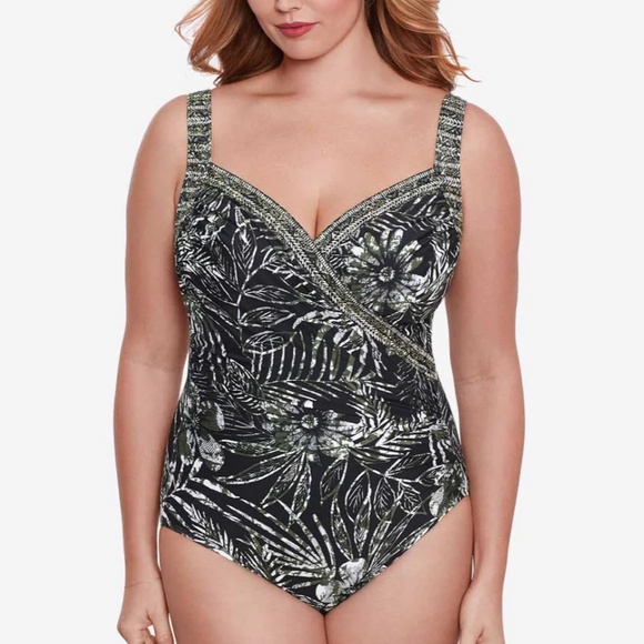 Miraclesuit size 16 Zahara Sanibel one piece swimsuit black green floral NEW - Picture 1 of 16